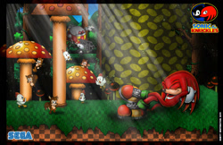 Size: 1280x829 | Tagged: safe, artist:whittingtonrhett, eggrobo, knuckles the echidna, ricky, 2019, abstract background, classic knuckles, cucky, eyes closed, grass, group, mushroom, mushroom hill, outdoors, redraw, relaxing, robot, sega logo, smile, sonic and knuckles (1994), sunray