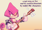 Size: 826x584 | Tagged: safe, artist:l4tchk3y, espio the chameleon, 2025, english text, frown, gradient background, holding something, lidded eyes, looking offscreen, meme, shamisen, signature, solo, standing