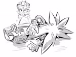 Size: 2000x1495 | Tagged: safe, artist:iblisflames, blaze the cat, silver the hedgehog, 2025, alternate universe, duo, family guy, family guy death pose, frown, line art, looking at them, monochrome, simple background, white background