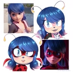 Size: 1280x1280 | Tagged: safe, artist:kanayanga, 2023, barely sonic related, bust, crossover, ladybug, ladybug (miraculous), looking offscreen, marinette dupain-cheng (miraculous), miraculous: tales of ladybug & cat noir, mobianified, redraw, reference inset, simple background, solo, white background