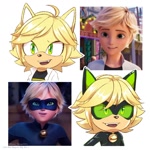 Size: 1280x1280 | Tagged: safe, artist:kanayanga, cat, 2023, adrien agreste (miraculous), barely sonic related, bust, cat noir (miraculous), crossover, fangs, green sclera, looking offscreen, miraculous: tales of ladybug & cat noir, mobianified, mouth open, open smile, redraw, reference inset, simple background, smile, solo, white background