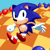 Size: 600x600 | Tagged: safe, artist:rav, sonic the hedgehog, hedgehog, 2022, abstract background, blue spheres, classic sonic, classic sonic (universe), looking at viewer, male, pixel art, ring, smile, solo, sonic the hedgehog 3, special stage
