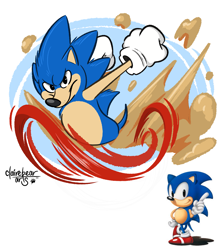 Size: 2817x3183 | Tagged: safe, artist:strawbear, sonic the hedgehog, 2020, abstract background, clenched fists, dust clouds, frown, looking at viewer, reference inset, running, signature, solo