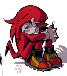 Size: 1423x1608 | Tagged: safe, artist:rapidhighway, knuckles the echidna, 2025, looking offscreen, signature, simple background, sitting, solo, white background