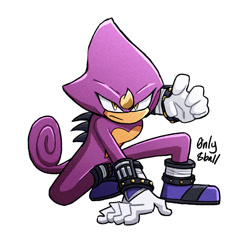 Size: 1080x1080 | Tagged: safe, artist:0nly8ball, espio the chameleon, 2025, frown, hand on ground, looking at viewer, signature, simple background, solo, white background