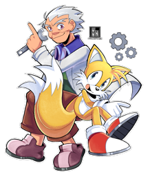 Size: 1081x1242 | Tagged: safe, artist:findourfuture, miles "tails" prower, human, 2025, chuck thorndyke, cogwheel, duo, holding something, looking at viewer, outline, signature, simple background, smile, transparent background, wrench