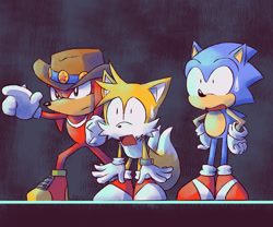 Size: 1390x1156 | Tagged: safe, artist:niimzav, knuckles the echidna, miles "tails" prower, sonic the hedgehog, sonic the ova, 2025, abstract background, frown, knuckles' hat, looking offscreen, mouth open, redraw, standing, sweatdrop, team sonic, trio