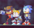 Size: 1390x1156 | Tagged: safe, artist:niimzav, knuckles the echidna, miles "tails" prower, sonic the hedgehog, hedgehog, sonic the ova, 2025, abstract background, classic knuckles, classic sonic, classic sonic (universe), classic tails, frown, knuckles' hat, looking offscreen, male, mouth open, redraw, standing, sweatdrop, team sonic, trio