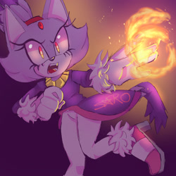 Size: 2000x2000 | Tagged: safe, artist:shusadmirer, blaze the cat, 2025, fangs, fire, mouth open, signature, solo