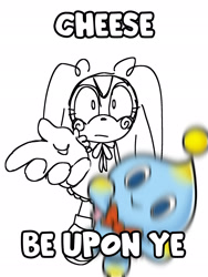 Size: 1536x2048 | Tagged: safe, artist:yourfriendbrain, cheese (chao), cream the rabbit, chao, 2025, duo, english text, frown, line art, meme, neutral chao, simple background, white background, woe
