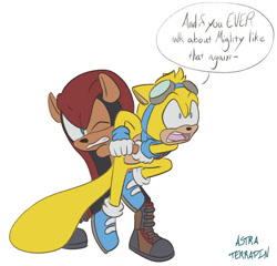 Size: 1500x1439 | Tagged: safe, artist:astra-terrapin, mighty the armadillo, ray the flying squirrel, 2025, clenched teeth, dialogue, duo, english text, flat colors, holding them, looking at them, looking offscreen, mouth open, one eye closed, signature, simple background, standing, white background