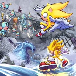 Size: 2000x2000 | Tagged: safe, artist:tighesammy, chaos, perfect chaos, sonic the hedgehog, super sonic, tikal, chao, super form