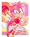 Size: 1200x1467 | Tagged: safe, artist:drawntildawn, amy rose, abstract background, outline, piko piko hammer, v sign