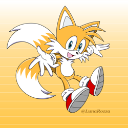 Size: 1500x1500 | Tagged: safe, artist:lunarozza, miles "tails" prower, 2025, abstract background, looking at viewer, mouth open, open smile, reaching towards the viewer, signature, smile, solo