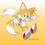 Size: 1500x1500 | Tagged: safe, artist:lunarozza, miles "tails" prower, 2025, abstract background, looking at viewer, mouth open, open smile, reaching towards the viewer, signature, smile, solo