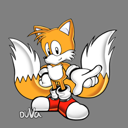 Size: 2048x2048 | Tagged: safe, artist:tailamyfan009, miles "tails" prower, 2025, classic tails, grey background, looking at viewer, pointing, pointing at viewer, redraw, signature, simple background, smile, solo, uekawa style