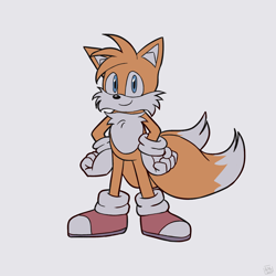 Size: 2048x2048 | Tagged: safe, artist:travchik, miles "tails" prower, 2025, flat colors, hands on hips, looking at viewer, simple background, smile, solo, standing, white background