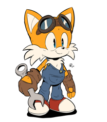 Size: 2202x2505 | Tagged: safe, artist:jaqartdood, miles "tails" prower, 2025, brown gloves, clothes, cute, fingerless gloves, goggles, holding something, looking offscreen, missing limb, overalls, signature, simple background, smile, solo, standing, tailabetes, white background, wrench
