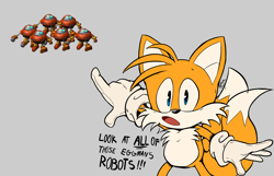 Size: 2822x1820 | Tagged: safe, artist:jaqartdood, egg pawn, miles "tails" prower, sonic heroes, 2025, badnik, dialogue, english text, grammatical error, grey background, group, intentional typo, looking at viewer, mouth open, pointing, robot, simple background, solo focus, standing
