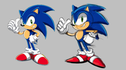 Size: 1919x1078 | Tagged: safe, artist:mercadex_8, sonic the hedgehog, 2023, grey background, hand on hip, looking at viewer, redraw, simple background, sketch, smile, solo, sonic x, standing, thumbs up