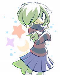 Size: 1280x1600 | Tagged: safe, artist:daycolors, tekno the canary, 2023, abstract background, arms folded, crescent moon, hair over one eye, looking at viewer, solo, standing, star (symbol)
