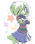 Size: 1280x1600 | Tagged: safe, artist:daycolors, tekno the canary, bird, 2023, abstract background, arms folded, crescent moon, female, hair over one eye, looking at viewer, solo, standing, star (symbol)