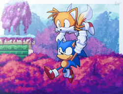Size: 1300x1000 | Tagged: safe, artist:parfaitcookiestan67, miles "tails" prower, sonic the hedgehog, sonic mania, 2025, abstract background, classic sonic, classic tails, cute, duo, flying, holding hands, holding them, looking offscreen, mid-air, press garden zone, smile, spinning tails