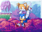 Size: 1300x1000 | Tagged: safe, artist:parfaitcookiestan67, miles "tails" prower, sonic the hedgehog, sonic mania, 2025, abstract background, classic sonic, classic tails, cute, duo, flying, holding hands, holding them, looking offscreen, mid-air, press garden zone, smile, spinning tails