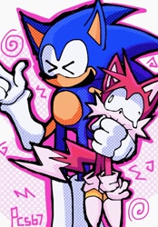 Size: 614x883 | Tagged: safe, artist:parfaitcookiestan67, miles "tails" prower, sonic the hedgehog, oc, oc:miles, oc:rewrite sonic, 2024, abstract background, duo, holding them, outline, signature, smile, standing, tears, yellow shoes