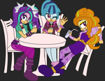 Size: 1842x1422 | Tagged: safe, artist:junethefirecat, 2014, adagio dazzle (mlp), aria blaze, barely sonic related, base used, chair, crossover, cup, drink, drinking, flat colors, grey background, leaning back, looking at viewer, mobianified, my little pony, my little pony: rainbow rocks, simple background, sitting, smile, sonata dusk, straw, table, trio, unknown species, waving, wink
