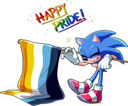 Size: 1843x1531 | Tagged: safe, artist:seventeendeer, sonic the hedgehog, 2025, aro ace pride, aromantic, asexual, blushing, english text, eyes closed, flag, pride, pride flag, simple background, smile, solo, sparkles, standing, transparent background