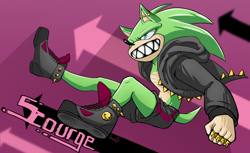Size: 1024x626 | Tagged: safe, artist:kowoshake, scourge the hedgehog, hedgehog, blue eyes, boots, green fur, jacket, male, shorts