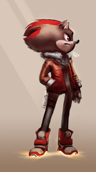 Size: 556x1000 | Tagged: safe, artist:residentevilffs, shadow the hedgehog, hedgehog, black fur, fingerless gloves, gun holster, jacket, male, red eyes, red fur, shoes