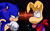 Size: 1756x1090 | Tagged: safe, artist:jamoart, sonic the hedgehog, 2017, black background, cross popping vein, crossover, duo, frown, looking at each other, pointing, rayman, rayman (series), saliva, simple background, tongue out