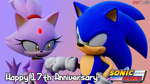 Size: 3840x2160 | Tagged: safe, artist:hunicrio, blaze the cat, sonic the hedgehog, 2022, 3d, anniversary, duo, english text, fistbump, gradient background, hand on hip, logo, looking at each other, mouth open, open smile, signature, smile, sonic rush, standing