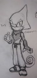 Size: 1476x3072 | Tagged: safe, artist:shadpiokisses, espio the chameleon, 2025, chameleon, clothes, eyelashes, fingerless gloves, freckles, frown, line art, looking at viewer, male, monochrome, pencilwork, simple background, solo, traditional media
