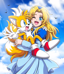 Size: 1762x2048 | Tagged: safe, artist:wiggle_rain, maria robotnik, miles "tails" prower, bird, human, 2025, abstract background, arm around shoulders, carrying them, clouds, cute, daytime, duo, eye clipping through hair, eyebrow clipping through hair, holding each other, literal animal, looking at them, looking at viewer, mouth open, one eye closed, open smile, outdoors, smile, standing
