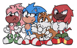 Size: 2048x1281 | Tagged: safe, artist:amyrosedaily, amy rose, knuckles the echidna, miles "tails" prower, sonic the hedgehog, 2025, bleeding, blood, classic amy, classic knuckles, classic sonic, classic tails, cute, flat colors, frown, group, injured, looking up, pout, scar, simple background, team sonic, white background