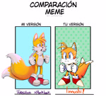 Size: 2048x1876 | Tagged: safe, artist:jokesitos-art, artist:linnushi, artist:tairusuku, miles "tails" prower, 2020, comparison meme, duality, meme, solo, spanish text, style comparison