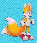 Size: 1305x1504 | Tagged: safe, artist:jokesitos-art, artist:tairusuku, miles "tails" prower, 2020, abstract background, alternate version, clenched fists, looking offscreen, mouth open, signature, solo, standing