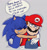 Size: 952x1008 | Tagged: safe, artist:jokesitos-art, artist:tairusuku, sonic the hedgehog, hedgehog, human, 2022, cheek fluff, crossover, dialogue, duo, eyes closed, flat colors, grey background, happy, hugging, lidded eyes, male, mario, simple background, sketch, smile, spanish text, speech bubble, tears, tears of happiness, wagging tail