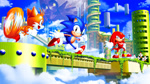 Size: 1920x1080 | Tagged: safe, artist:tripplejaz, knuckles the echidna, miles "tails" prower, sonic the hedgehog, sky sanctuary zone, sonic origins, 2022, abstract background, classic knuckles, classic sonic, classic style, classic tails, clouds, cucky, death egg, grass, looking ahead, looking at them, looking at viewer, mouth open, outdoors, running, smile, sonic the hedgehog 3, spinning tails, standing, team sonic, trio