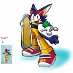 Size: 1492x1500 | Tagged: safe, artist:bennascar2, clothes, crop top, extreme gear, female, holding something, idw background rider, looking at viewer, one fang, pants, reference inset, riders outfit, simple background, smile, solo, standing, sunglasses, white background