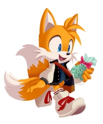 Size: 567x680 | Tagged: safe, artist:hikariviny, miles "tails" prower, fox, bag, blue eyes, jacket, male, mint candy, orange fur, shirt, shoes, sneakers, socks