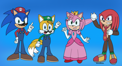 Size: 4230x2310 | Tagged: safe, artist:lunarozza, amy rose, knuckles the echidna, miles "tails" prower, sonic the hedgehog, cosplay, donkey kong, luigi, mario, princess peach