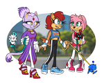 Size: 1000x800 | Tagged: safe, artist:squishy-lombax, amy rose, blaze the cat, sally acorn, chao, abstract background, character chao, group, leash, semi-transparent background, shadow chao, silver chao, sonic chao