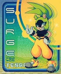 Size: 1684x2048 | Tagged: safe, artist:vesperiian, surge the tenrec, tenrec, abstract background, checkered background, female, solo, text