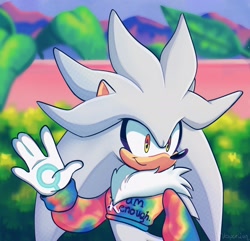 Size: 2048x1978 | Tagged: safe, artist:vesperiian, silver the hedgehog, hedgehog, barbie movie, crossover, hoodie, male, plant, solo, sweater