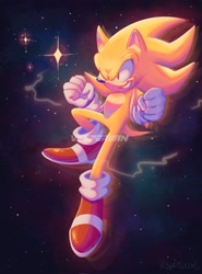 Size: 1517x2048 | Tagged: safe, artist:vesperiian, sonic the hedgehog, super sonic, hedgehog, clenched fist, grin, grinning, male, solo, space, star (sky), super form