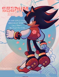 Size: 1565x2048 | Tagged: safe, artist:vesperiian, shadow the hedgehog, hedgehog, abstract background, cherry blossom petals, jacket, male, solo, text, varsity jacket